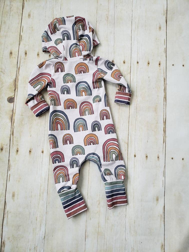 3-12 months Hooded Rainbow Grow with Me Baby Romper