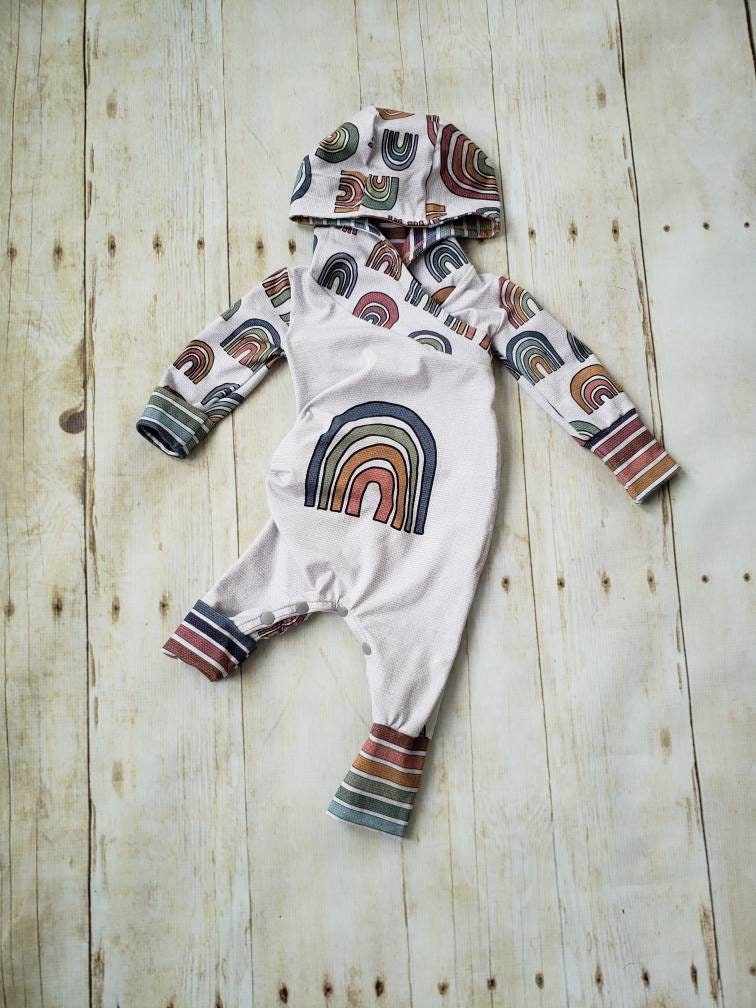 3-12 months Hooded Rainbow Grow with Me Baby Romper